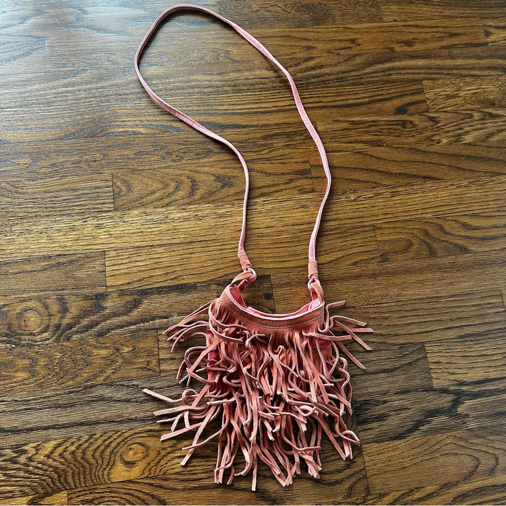 American Eagle genuine suede leather & cotton mini Pink Fringe Crossbody Bag